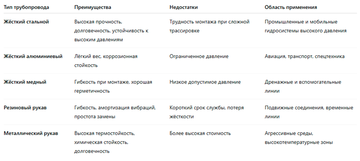 Сравнительная таблица типов гидролиний
